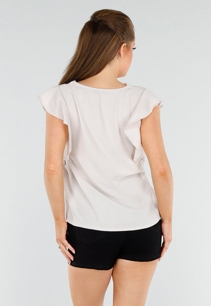 NEW040625 Beige V-hals Blouse met Ruffles
