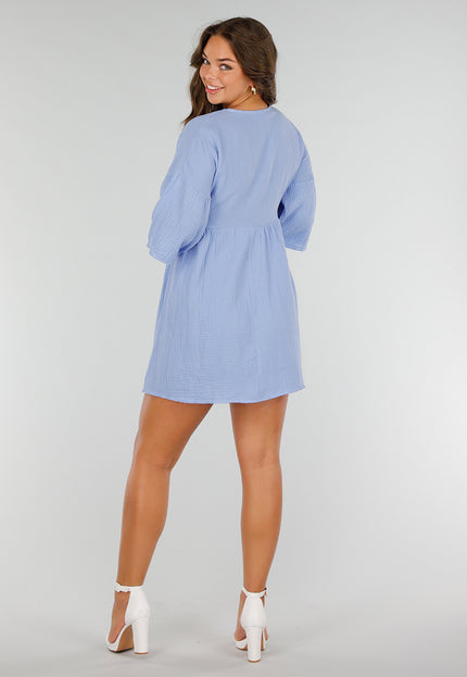 NEW040625 Blauwe jurk met strik en V-hals