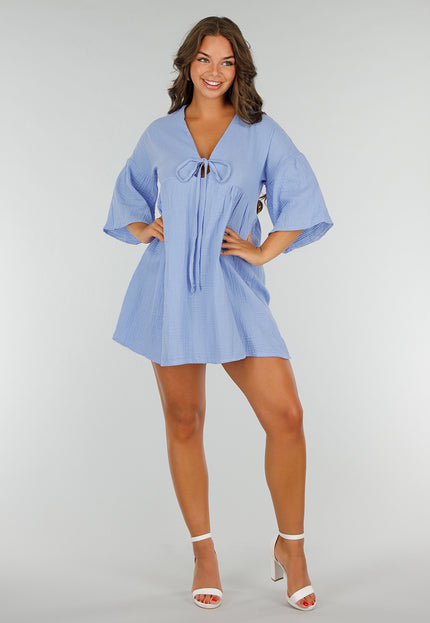 NEW040625 Blauwe jurk met strik en V-hals