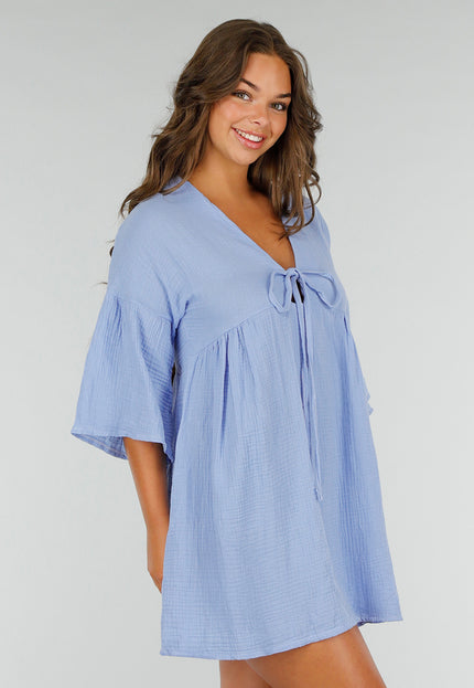 NEW040625 Blauwe jurk met strik en V-hals