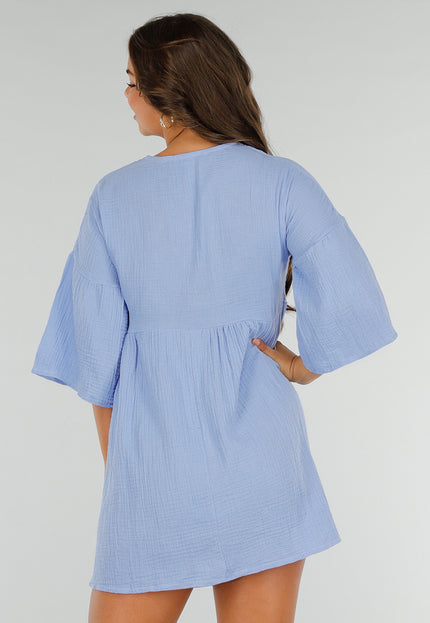 NEW040625 Blauwe jurk met strik en V-hals