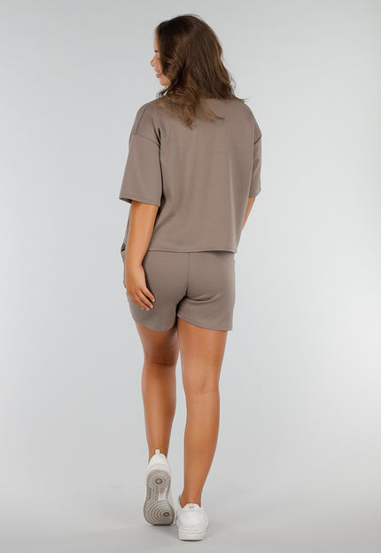 NEW040625 Bruine Set met Stretchshort en Oversized Top