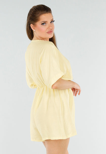 NEW040625 Butter Yellow Playsuit met Linnenlook
