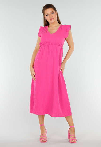 NEW040625 Fuchsia Midi Jurk met Ruches