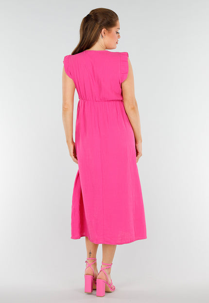 NEW040625 Fuchsia Midi Jurk met Ruches
