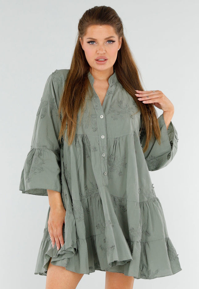 NEW040625 Groene Jurk met Knoopsluiting en Volant