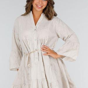 NEW040625 Katoenen Jurk Beige met Borduursels