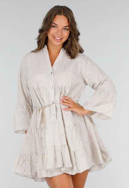 NEW040625 Katoenen Jurk Beige met Borduursels