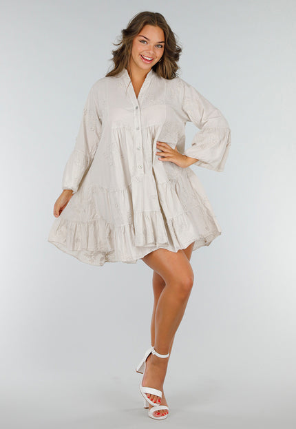 NEW040625 Katoenen Jurk Beige met Borduursels