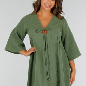 NEW040625 Khaki Mousseline Jurk met Strik