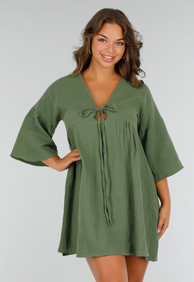 NEW040625 Khaki Mousseline Jurk met Strik