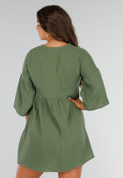 NEW040625 Khaki Mousseline Jurk met Strik