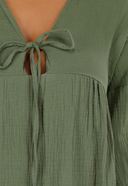 NEW040625 Khaki Mousseline Jurk met Strik