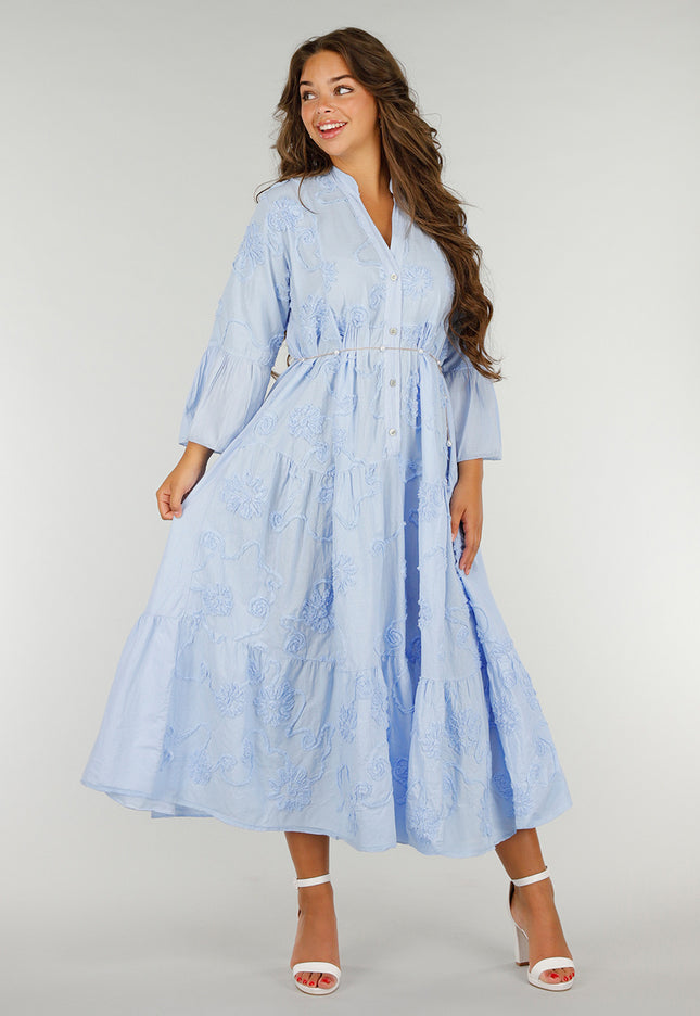 NEW040625 Lichtblauwe Maxi-Jurk met Borduursels