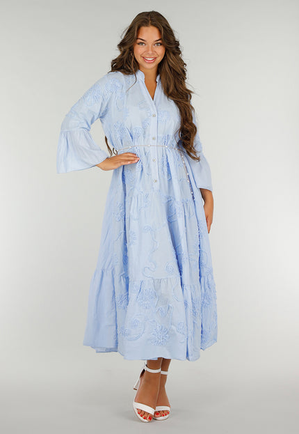 NEW040625 Lichtblauwe Maxi-Jurk met Borduursels