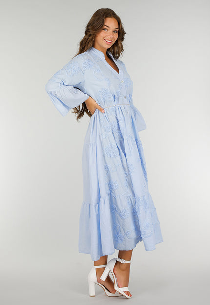 NEW040625 Lichtblauwe Maxi-Jurk met Borduursels