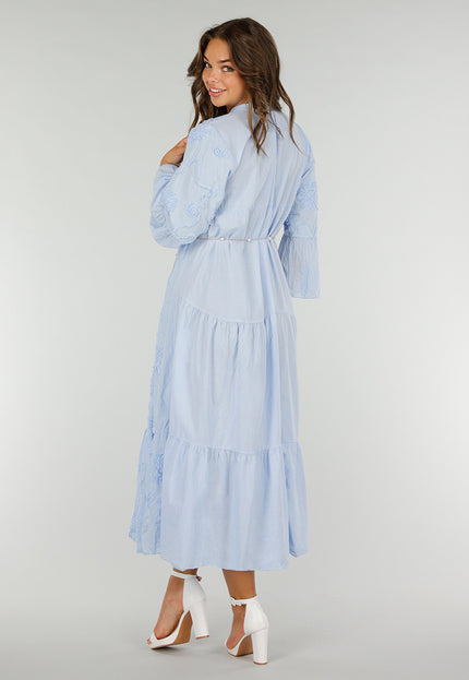 NEW040625 Lichtblauwe Maxi-Jurk met Borduursels