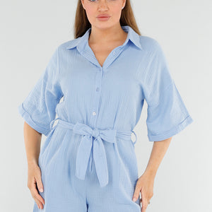 NEW040625 Lichtblauwe Playsuit met Zakken