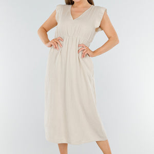 NEW040625 Linnenlook Beige Midi Jurk