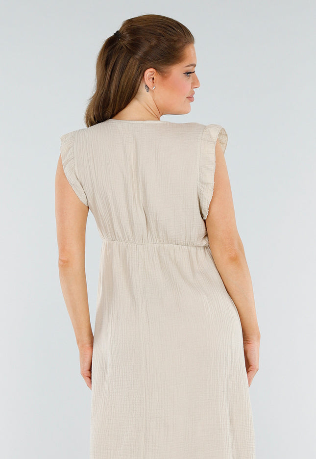 NEW040625 Linnenlook Beige Midi Jurk