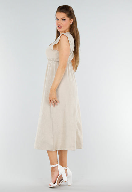 NEW040625 Linnenlook Beige Midi Jurk
