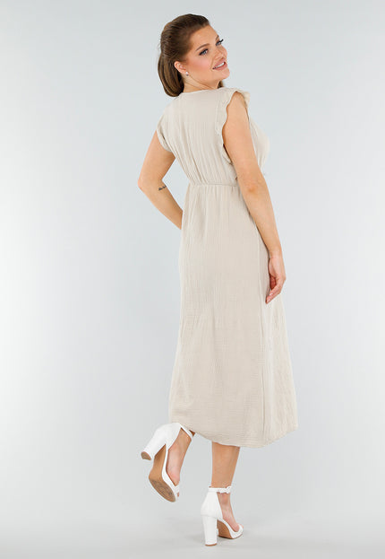 NEW040625 Linnenlook Beige Midi Jurk