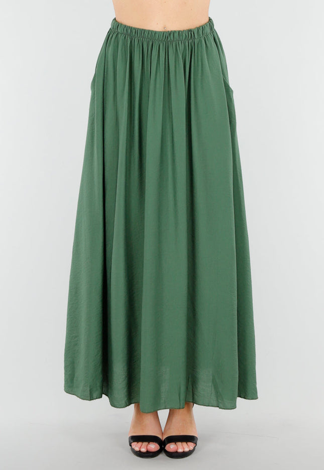NEW040625 Mosgroene Maxi Rok met Zakken