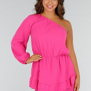 NEW040625 Playsuit in Fuchsia met Één Mouw