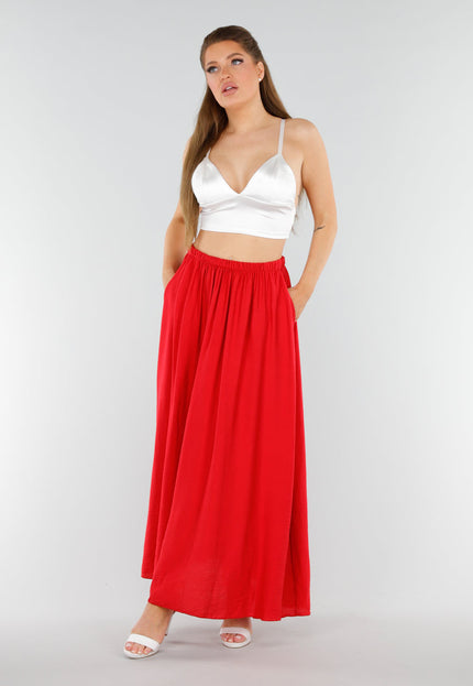 NEW040625 Rode Linnenlook Maxi Rok met Zakken