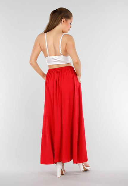 NEW040625 Rode Linnenlook Maxi Rok met Zakken