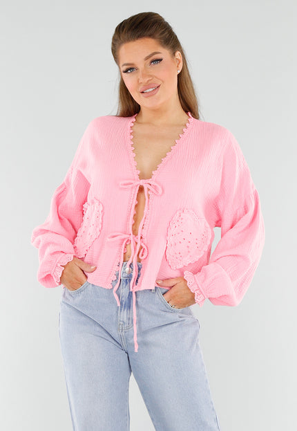 NEW040625 Roze Blouse met Hartvormige Zakken