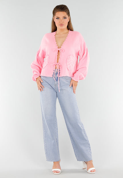 NEW040625 Roze Blouse met Hartvormige Zakken