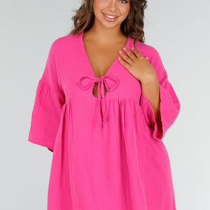 NEW040625 Roze Mousseline Jurk met Strikdetail