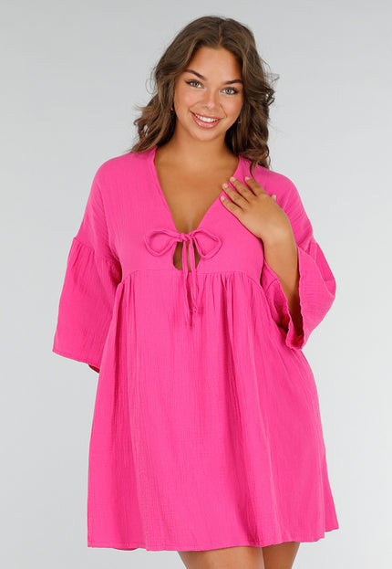 NEW040625 Roze Mousseline Jurk met Strikdetail