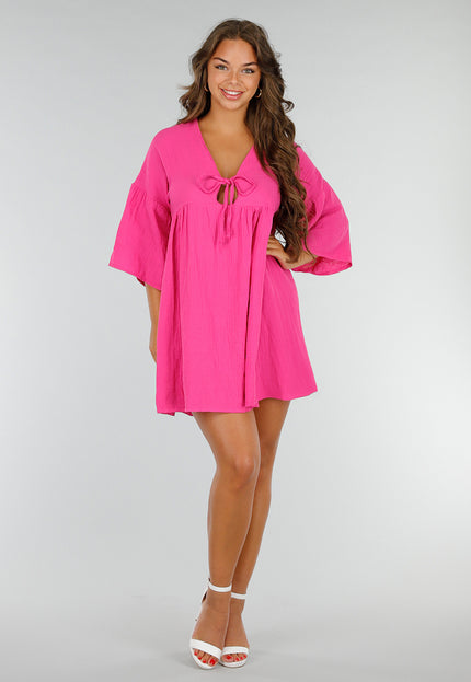 NEW040625 Roze Mousseline Jurk met Strikdetail