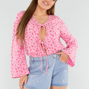 NEW040625 Roze Top met Bloemen en Strik