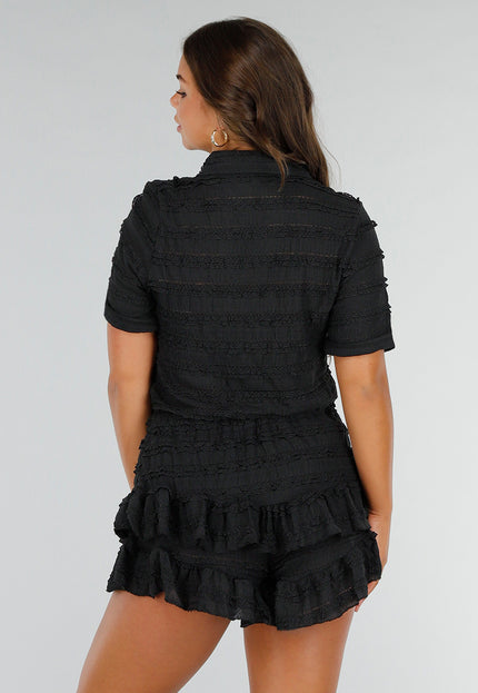 NEW040625 Two Piece Zwart met Ruches en V-hals