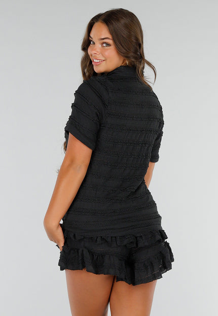 NEW040625 Two Piece Zwart met Ruches en V-hals