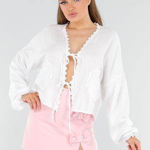 NEW040625 Witte Broderie Blouse met Hartzakken