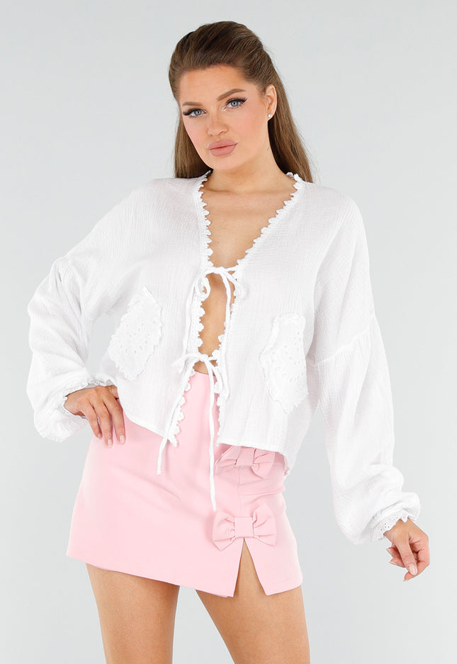 NEW040625 Witte Broderie Blouse met Hartzakken