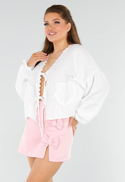 NEW040625 Witte Broderie Blouse met Hartzakken