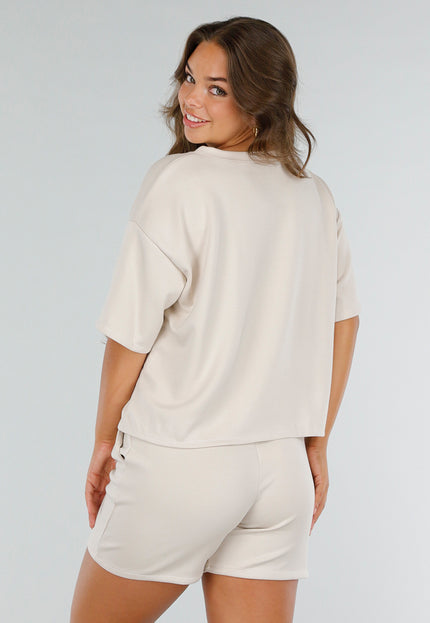 NEW040625 Zandkleurige Set met Shirt en Elastische Short