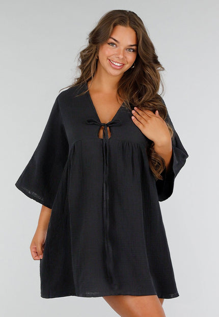 NEW040625 Zwarte jurk met V-hals en strik