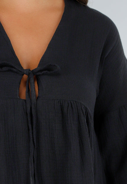 NEW040625 Zwarte jurk met V-hals en strik