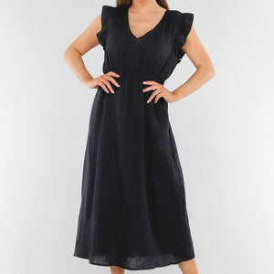 NEW040625 Zwarte Katoenen Midi Jurk met Ruches