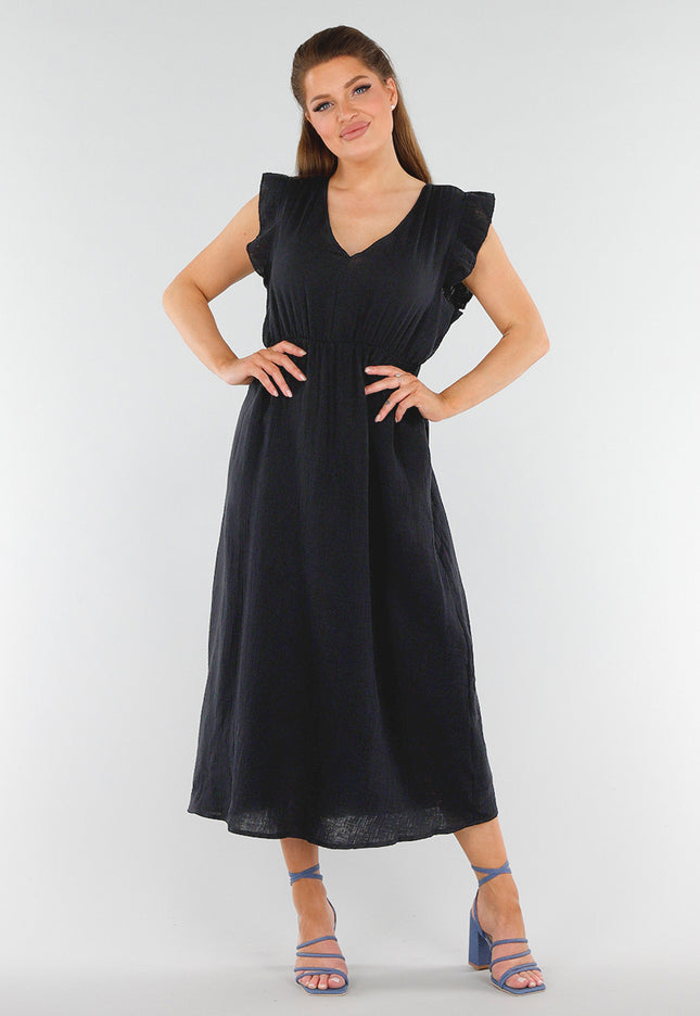 NEW040625 Zwarte Katoenen Midi Jurk met Ruches