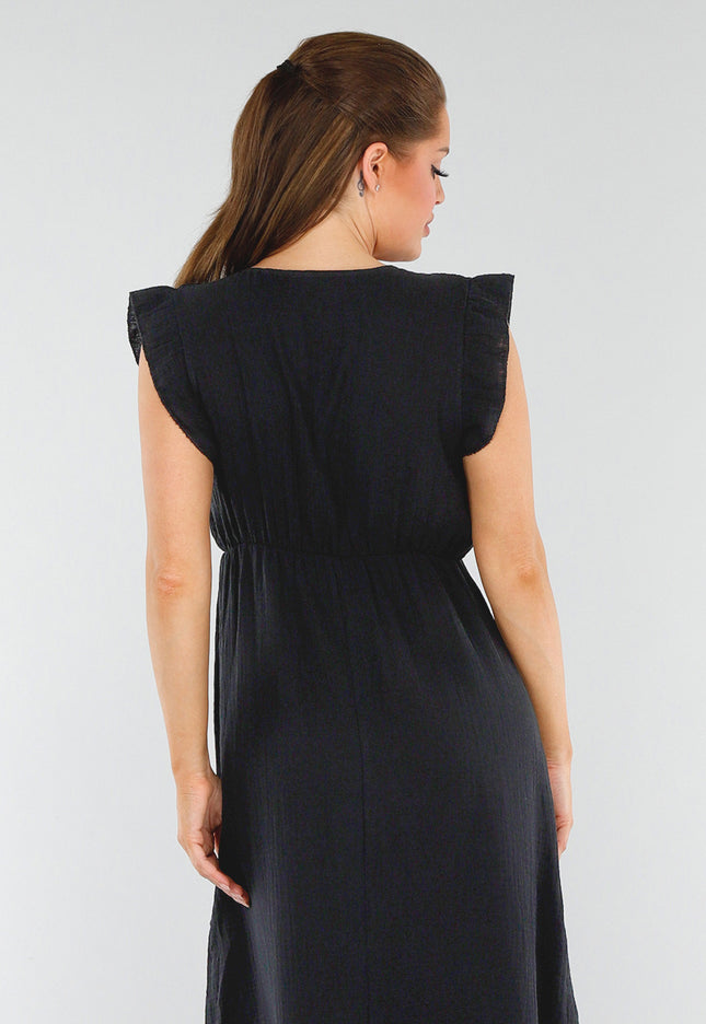 NEW040625 Zwarte Katoenen Midi Jurk met Ruches