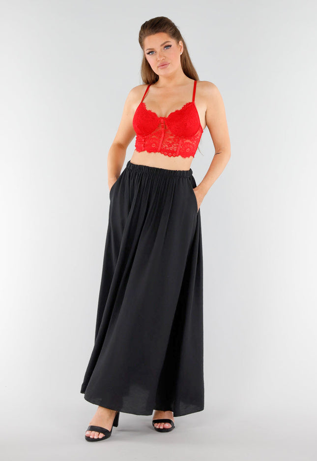 NEW040625 Zwarte Linnenlook Maxi Rok met Zakken
