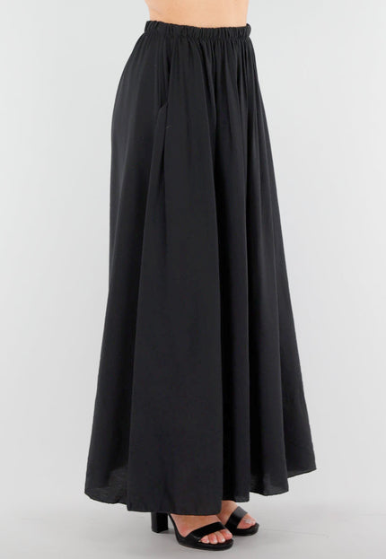 NEW040625 Zwarte Linnenlook Maxi Rok met Zakken