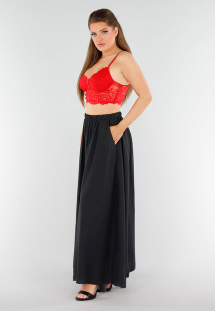 NEW040625 Zwarte Linnenlook Maxi Rok met Zakken